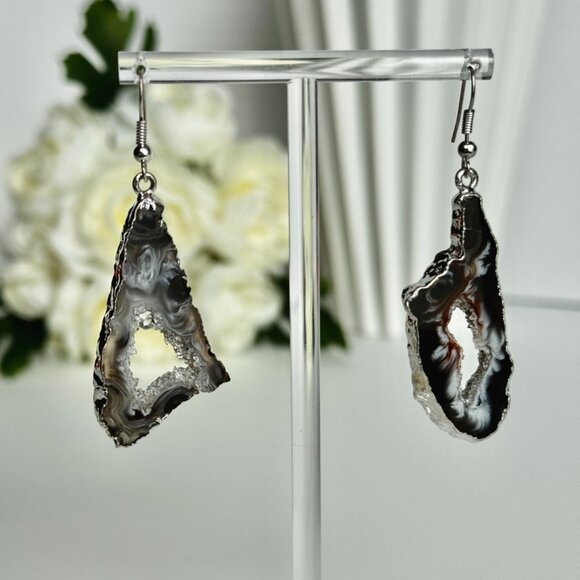 Boho Oco Agate Druzy Geode Earrings Black Brown Swirl Silver Trim Dangle Drop - Picture 2 of 11